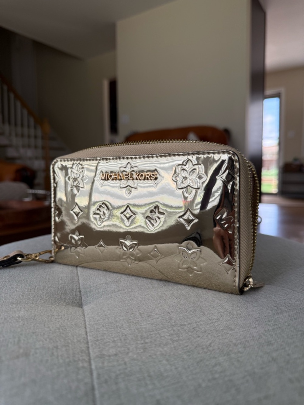 Michael Kors Signature Logo Floral Pattern Metallic Gold Zip-Up Wallet Wristlet